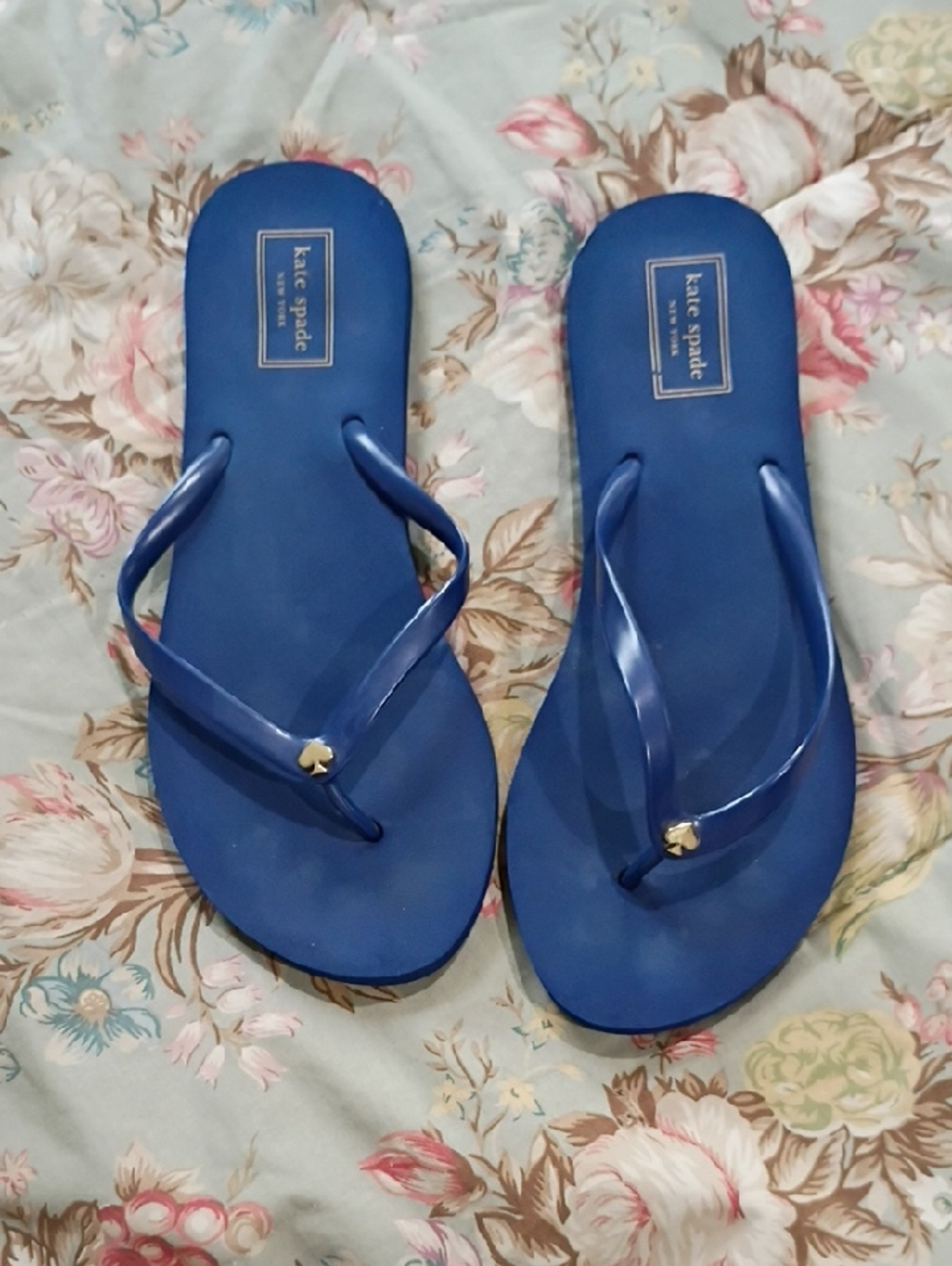 kate spade Royal Blue Slim Strap Flip Sandals with Gold Spade Accent